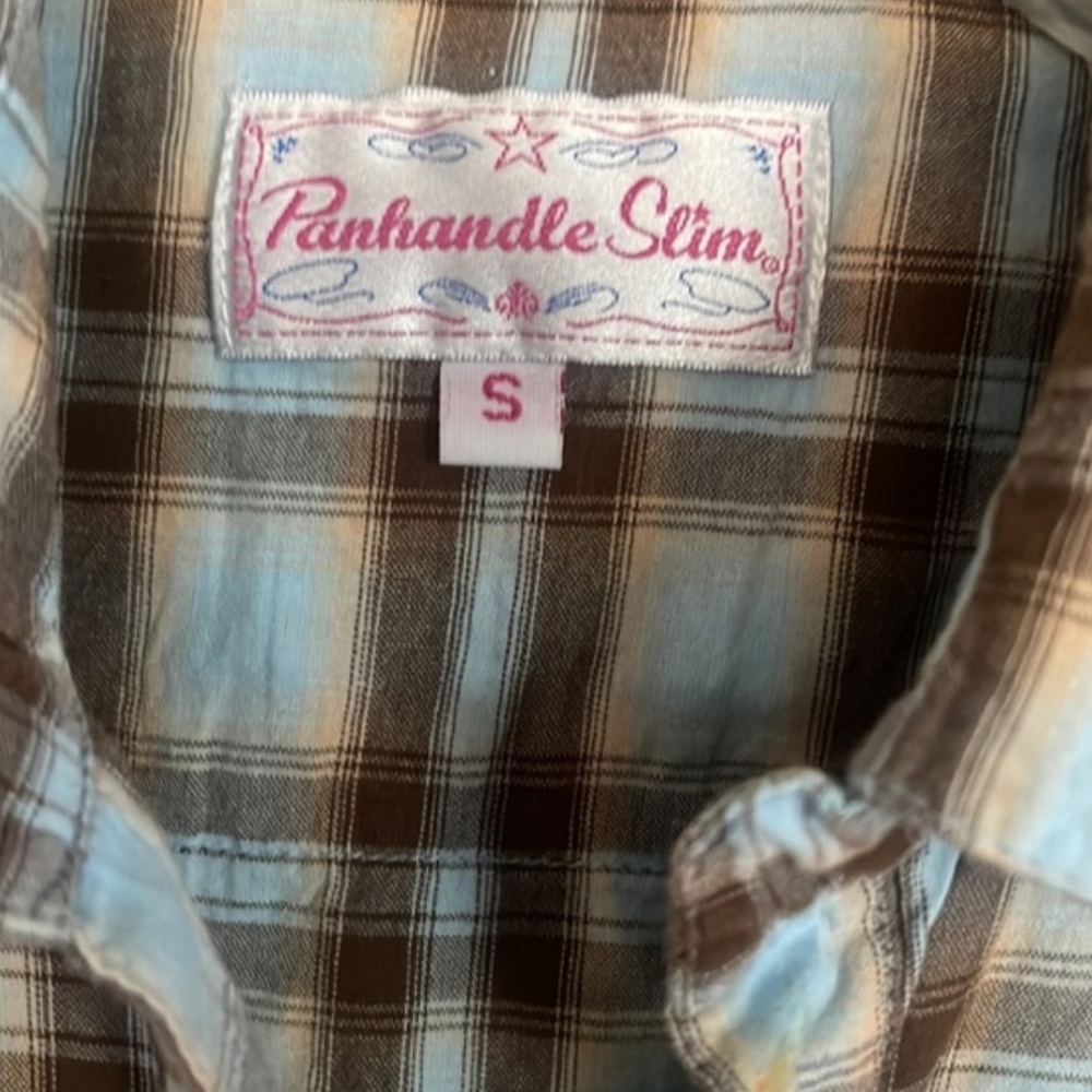 Items <$15 are 3/$30 Panhandle Slim Brown/Blue Plaid Button Down Shirt Womens S - Picture 2 of 7